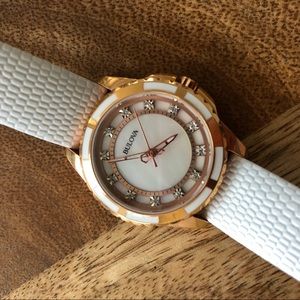 Bulova white leather watch with diamond details